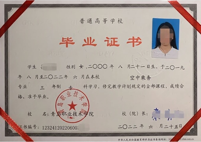 无极青岛职业技术学院毕业证样本图片